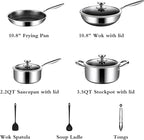 10 Pcs Non Stick Pots and Pans Set with Lids, Hybrid Stainless Steel Cookware Set, Skillet,Stock Pot,Frying Pan,Kitchen Cooking Utensils,Non Toxic,Induction,Dishwasher Safe