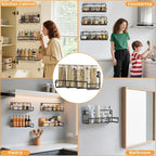 6 Pack Wall Mount Spice Rack Organizer, for Kitchen Pantry Door Storage and Organization, Heavy-Duty Metal Kitchen Spice Rack, Flexible Wall Iron Shelves with Adhesive Hook, Black