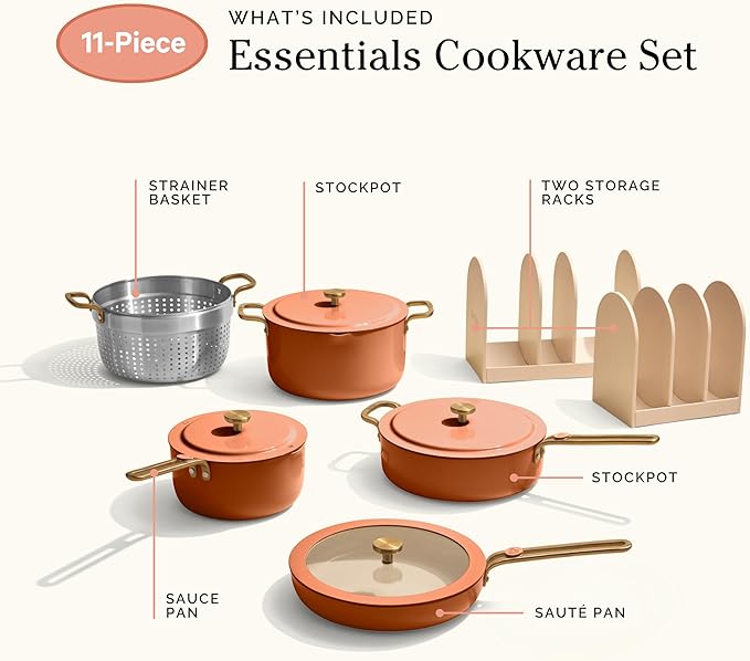 Our Place 11-Piece Essentials Complete Cookware Set - Ceramic Fry Pan, Saucepan, Sauté Pan, Stock Pot, Strainer Basket & Rack Storage | Thermakind™ Nonstick, Oven Safe up to 450°F | Terracotta
