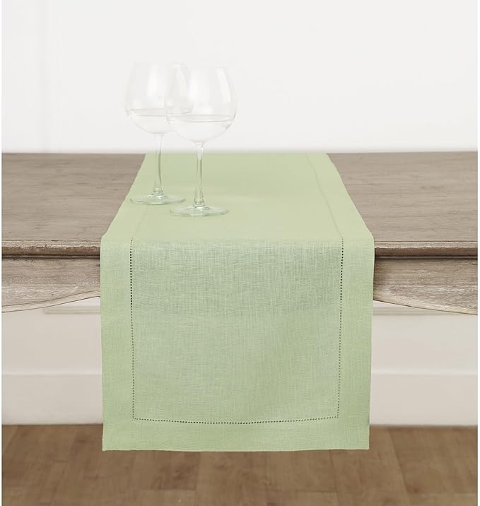 Solino Home Linen Sage Green Table Runner 90 Inches Long - 100% Pure Linen Hemstitch 14 x 90 Inch Table Runner for Dining, Summer, Fall, Autumn - Classic Hemstitch
