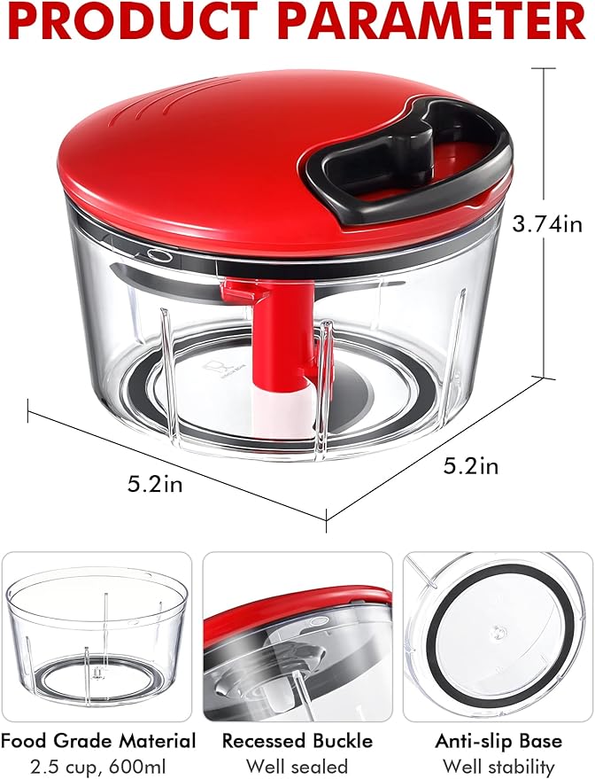 GDL Manual Food Chopper, Hand Pull String Onion Chopper Cutter, Dishwasher Safe Vegetable Chopper Food Mincer, No BPA Food Grade Material, 2.5 Cups 0.6L