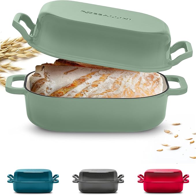 Signature Enameled Cast Iron Sourdough Bread Oven | Non-Stick with Tight Fitting Lid for Perfect Baking and Bread Making | 6QT Rectangle Oven With Lid [Sage Green]