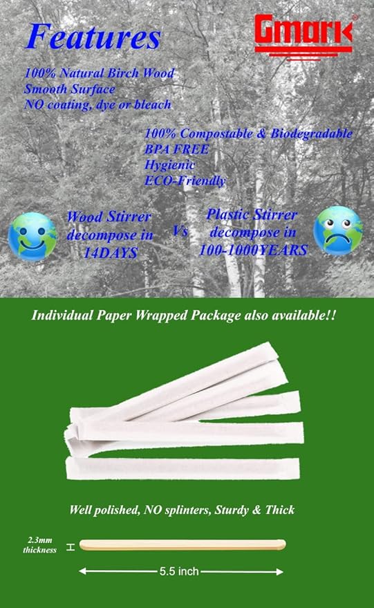 Gmark 5.5" Premium Wood Stirrer 2.3mm Thick Individual Wrapped 100 pc - Wood Coffee Stir Sticks for Tea Beverage, Corn Dog Stick Craft Stick 100/Bag GM1115C