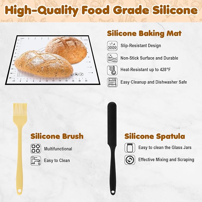 HK Sourdough Starter Kit, Sourdough Bread Baking Supplies with 9'' Round Banneton Bread Proofing Basket, 34oz Sourdough Starter Jar, Bread Lame, Dough Scraper, Dough Whisk & Silicone Baking Mats