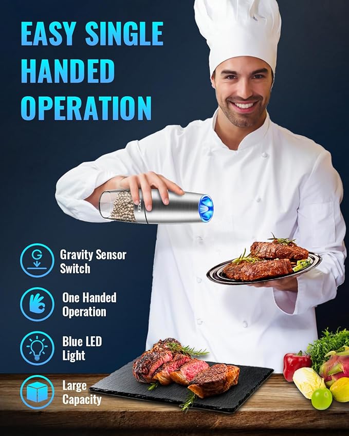 Gravity Electric Pepper and Salt Grinder Set, Salt and Pepper Mill & Adjustable Coarseness, Battery Powered with LED Light, One Hand Automatic Operation, (Set/Silver)