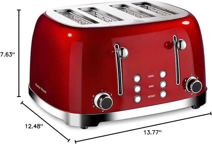 Roter Mond 4 Slice Toaster Retro Stainless Steel with Bagel Defrost Cancel Function, 6 Browning Settings, Extre Wide Slot and Removable Crumb Tray, Red, ST033