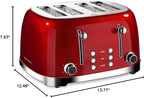Roter Mond 4 Slice Toaster Retro Stainless Steel with Bagel Defrost Cancel Function, 6 Browning Settings, Extre Wide Slot and Removable Crumb Tray, Red, ST033