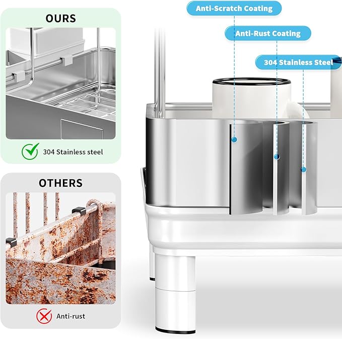 Dish Drying Rack, 2 Tier Large Dish Rack, Stainless Steel Dish Drainer for Kitchen Counter, Dishes Rack with Automatic Drainage, Utensil Holder,Cups Holder,Space Saving Kitchen Organizer,White
