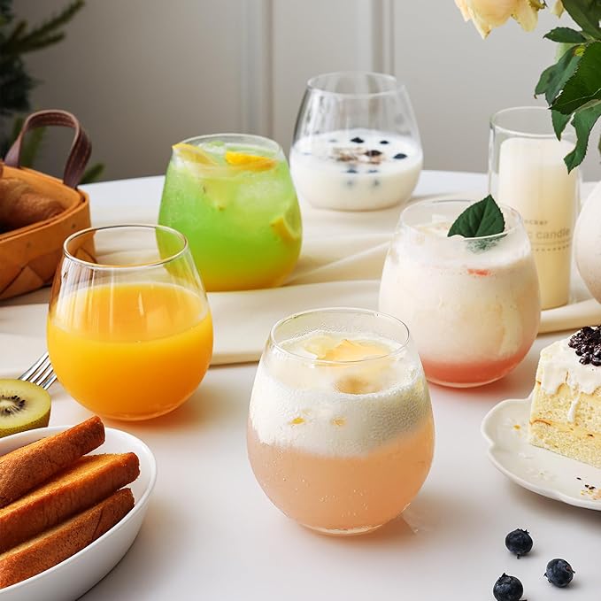 Stemless Wine Glasses Set of 6, 15oz Red & White Wine Glasses for Daily Use, Wedding, Birthdays, Housewarming Gift, Hosting, Home Bar, Evening Party(Clear)