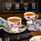 KAMMAK Tea Cups and Saucers Set of 2, Porcelain Coffee Cups, 7-Ounce Stackable Espresso Mugs, Ceramic Demitasse for Coffee, Latte, Americano, Tea, Red Orchid