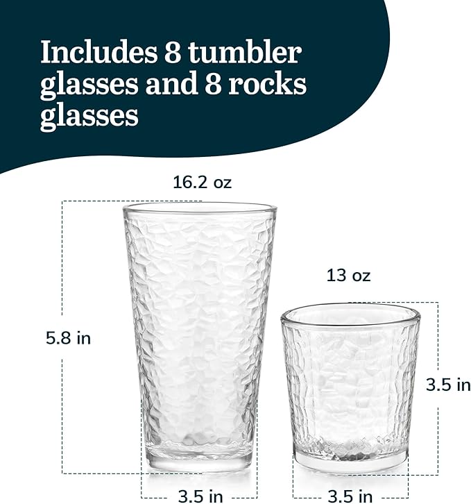Libbey Yucatan Tumbler and Rock Glasses Drinking Set, Textured Drinking Glasses Set of 16, All Purpose Glass Cups Set for Events and Everyday Use