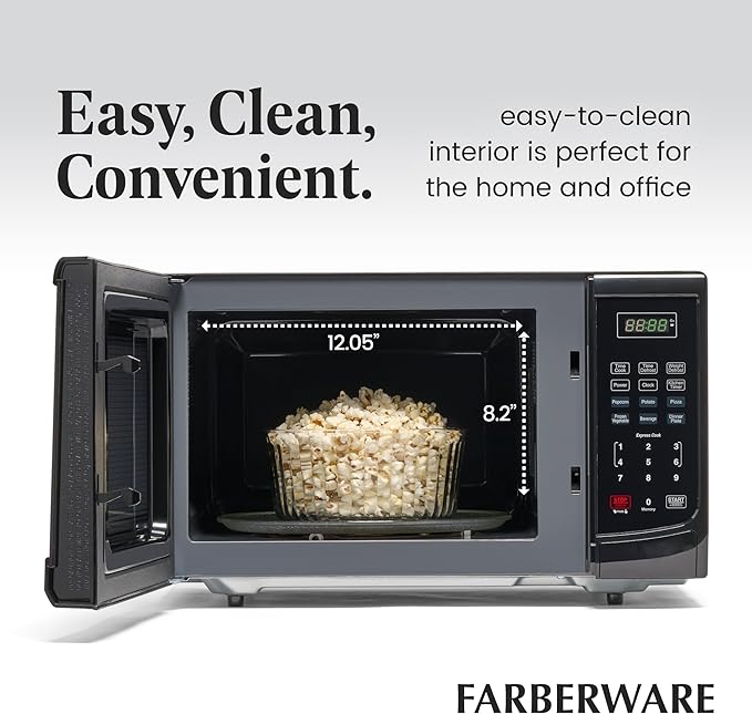 Farberware FM09BKA Compact Countertop Microwave Oven 0.9 Cu. Ft. 900-Watt with LED Lighting, Child Lock, Easy Clean Grey Interior, Black