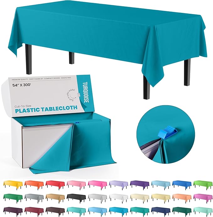 Exquisite Party Solids 54 Inch X 300 Feet Turquoise Plastic Table Cover Roll in A Cut - to - Size Box with Convenient Slide Cutter. Cuts Up to 36 Rectangle 8 Feet Plastic Disposable Tablecloths