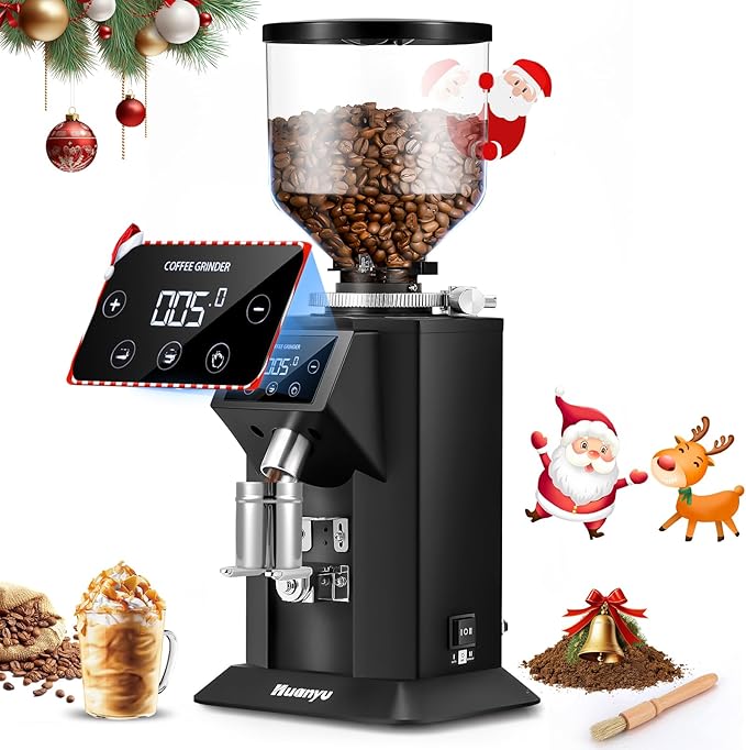 Huanyu Commercial Coffee Grinder with 74mm Flat Burr Reinforced 53oz Bean Hopper (40% Thicker), 15 Stepless Grinds, Touch Screen Black