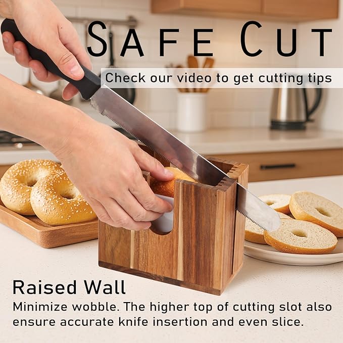 Large Adjustable Bagel Slicer Holder (Upgraded) – Acacia Wood Bread Cutter for different sizes Bagels, Buns, English Muffins – Non-Slip Base, Easy Storage (Large)