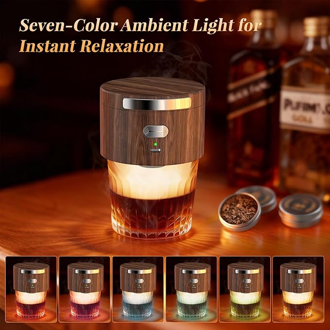 Electric Whiskey Smoker Kit Built-in Lighter, Rechargeable Cocktail Smoker Kit with 6 Wood Chips, No Butane Required, Fits Most Glasses,Ideal Christmas/Birthday Gifts for Men, Dad, Husband (Walnut, S)
