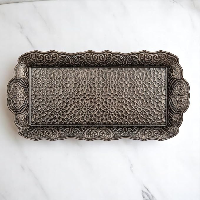 Alisveristime Small Ornate Metal Serving Tray – Ottoman Motif Decorative Tray (14.2" x 7.1", 10.8 oz) (Black)