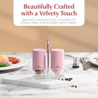 Signature Petal Pink Salt and Pepper Shakers with Holder - Elegant Stainless Steel Salt Shaker and Pepper Shaker Set with Acrylic Holder for Kitchen Counter or Restaurant Table (2-Piece Set)