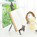 Sungmor Vintage Cast Iron Cookbook Stand, Small Ornate Easel Fleur De Lis Stand, 15.5" Tall Antique Brown Table Top Display Holder for Recipe Book, Picture Frame, Plate, Home Kitchen Decor