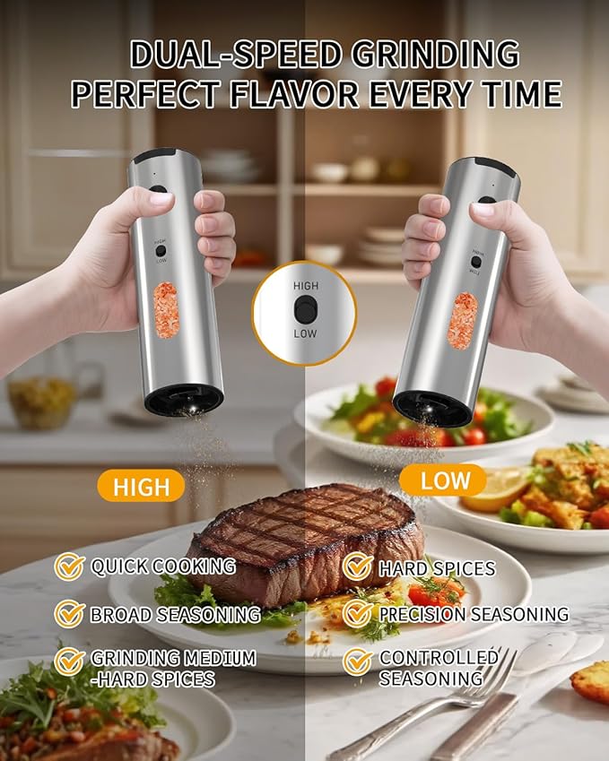 CIRCLE JOY Rechargeable Electric Salt and Pepper Grinder Set, 2-speed Stainless Steel Automatic Pepper Mill Grinder w/Charging Base, Adjustable Coarseness, LED Light, 110ml Large Capacity Top Fill