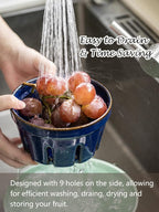 Gomakren Fruit Bowl with Holes, Ceramic Berry Basket Set of 2, 5.8 Inch Round Fruit Storage Containers, Strawberry Baskets, Farmhouse Kitchen Decor - Cobalt Blue