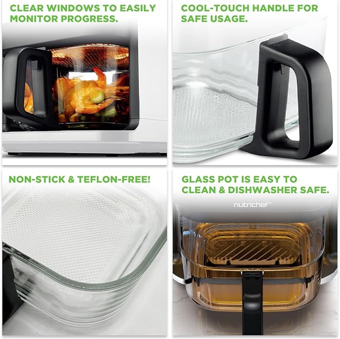 Nutrichef 5.8 Quart Air Fryer | 8-1 Preset Cook Modes | Transparent Fry Bowl for Best Cooking Results | Cook Shrimp, Steak, Fries, Wings, Chicken & More | Precise Temperature Control & Time | White