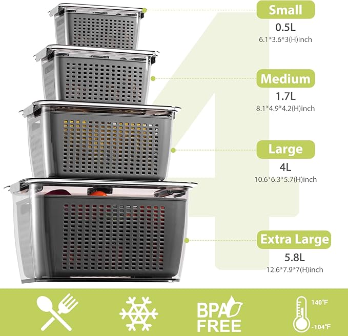 LUXEAR 4 Pack Fruit Containers for Fridge, Vegetable Storage Container with Lids &Removable Colander Produce Saver Organizer for Refrigerator Keep Fruit, Veggie, Berry, Meat Fresh Longer-Grey