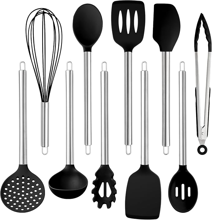 COOK WITH COLOR Silicone Cooking Utensils, Kitchen Utensil Set, Easy to Clean Silicone Kitchen Utensils, Cooking Utensils for Nonstick Cookware, Kitchen Gadgets Set, 10 Pieces, Black