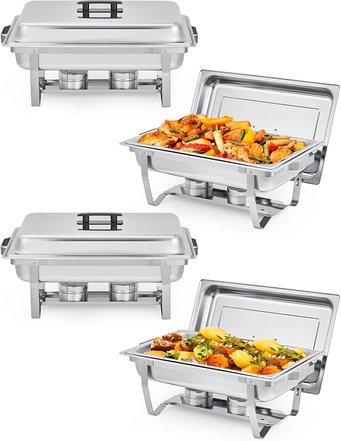 Garvee Chafing Dish Buffet Set 4 Pack, 8QT Buffet Servers and Warmers Set with Lid & Foldable Frame, Rectangular Stainless Steel Chafer Food Warmer for Parties Wedding Catering Supplies, Silver