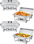 Garvee Chafing Dish Buffet Set 4 Pack, 8QT Buffet Servers and Warmers Set with Lid & Foldable Frame, Rectangular Stainless Steel Chafer Food Warmer for Parties Wedding Catering Supplies, Silver
