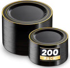 WDF 200PCS Black and Gold Plastic Plates - Black Plates Disposable for Party - Heavy Duty Plastic Plate for Halloween/New Year