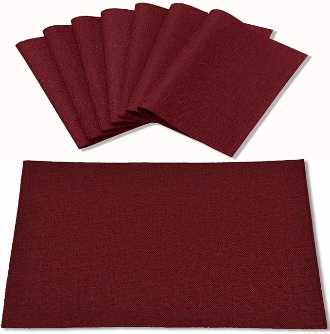 Linen Placemats Set of 8, Machine Washable, Heat Resistant, Wrinkle Free, Thick Polyester Kitchen Place Mats for Dining Table (Burgundy)