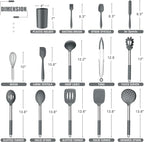 E-far 14 Pieces Silicone Cooking Utensils Set, Kitchen Utensils Set with Holder, Spatula, Ladle, Spoon, Tong, Slotted Turner for Nonstick Cookware, 446°F Heat Resistant & Stainless Steel Handle, Gray