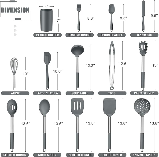E-far 14 Pieces Silicone Cooking Utensils Set, Kitchen Utensils Set with Holder, Spatula, Ladle, Spoon, Tong, Slotted Turner for Nonstick Cookware, 446°F Heat Resistant & Stainless Steel Handle, Gray
