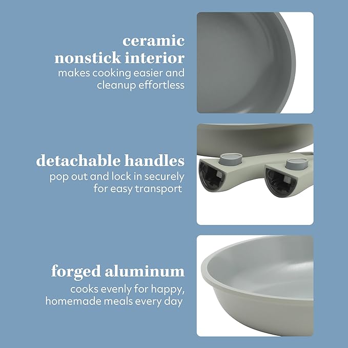 Sur La Table Kitchen Essentials Craft Studio Cast Aluminum Detachable Handle 8 and 10 Inch Skillet Fry Pan Set w/PFA Free Ceramic Non Stick Removable Handle Induction Safe - Juniper Green