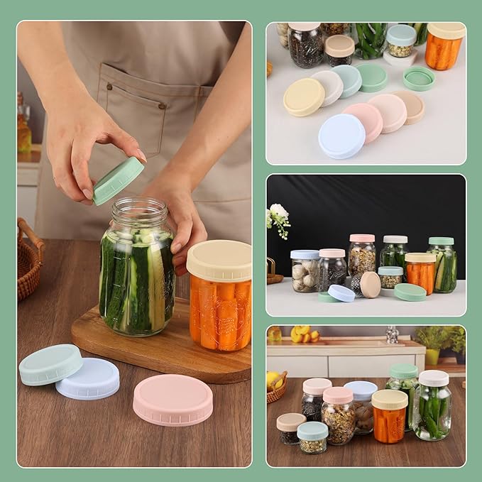 16PCS Colored Plastic Mason Jar Lids With Silicone Rings (8 Wide Mouth & 8 Regular Mouth) for Ball, Kerr and More, Food Grade & Leak-proof, 86mm & 70mm Canning Tops