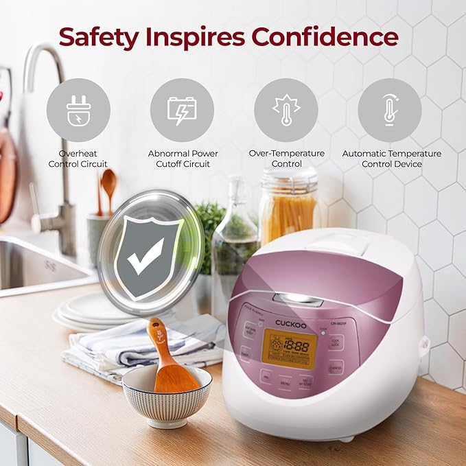 CUCKOO CR-0631F 6-Cup (Uncooked) / 12-Cup (Cooked) Micom Rice Cooker with Nonstick Inner Pot, 7 Menu Modes, LCD Display, Fuzzy Logic Tech, Auto Clean (White/Pink)