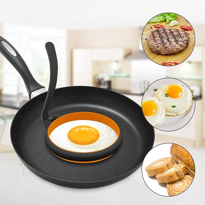 GOYLSER Silicone Egg Rings, 4pcs, 3.5 Inch, Black, Egg Mcmuffins Maker, Pancake Patties & English Muffin, Foldable Round Crumpet Ring Mold, Non Stick Egg Circles