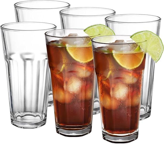 Yopay Set of 6 Drinking Glasses 16oz, Thick Tempered Water Glasses, Lead-Free Highball Pint Clear Iced Hot Tea Glassware for Juice, Beer, Cocktails Milkshake, Soda Tumbler