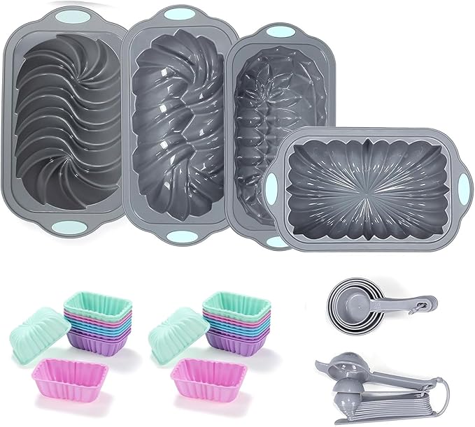 Tongjude 45 Pieces Silicone Loaf Pan for Baking Bread, 4 Cups Silicone Baking Pans Set, Fluted Cupcake, Non-Stick Kitchen Oven Baking Pans, with Measuring Cups and Spoons Set, Grey