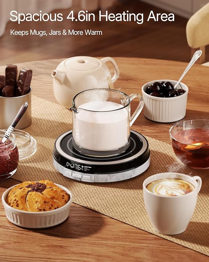 Coffee Mug Warmer for Desk, 50W Fast Heating Cup Warmer with Smart Display, 4 Temps & 12H Timer, Auto Shut Off for Tea, Milk, Hot Drinks - Marble Effect