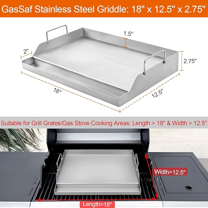 GasSaf Universal Stainless Steel Griddle for Gas Grills and Gas Stove, 18 x 12.5 Griddle Plate for Outdoor Camping, Tailgating, Parties, Flat Plate for Weber Chargriller Charbroil and More Grills