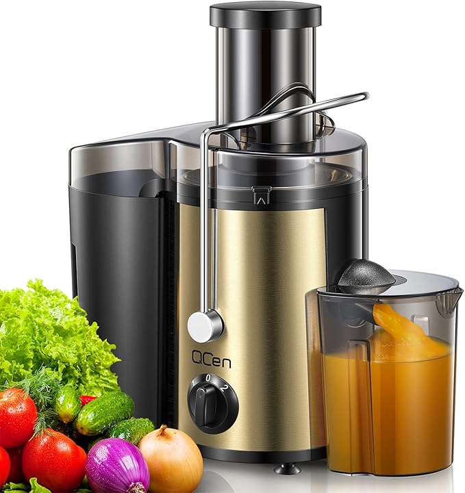 QCen Juicer Machine, 500W Centrifugal Juicer Extractor with Wide Mouth 3” Feed Chute for Fruit Vegetable, Easy to Clean, Stainless Steel, BPA-free (Gold)