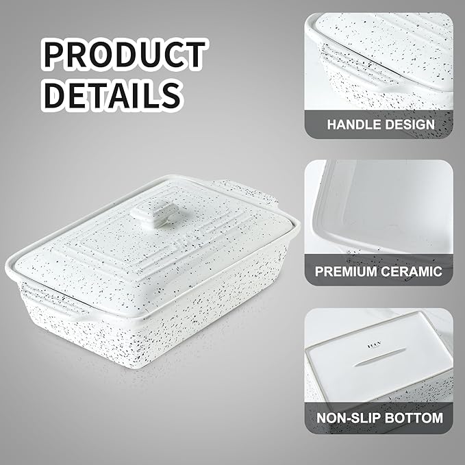 KOOV Ceramic Casserole Dish with Lid, Covered Rectangular Casserole Dish Set, Lasagna Pans with Lid for Cooking, Baking dish With Lid for Dinner, 9 x 13 Inches, Splash Series (Splashed White)