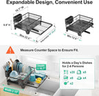 GSlife Extendable Dish Drying Rack - Large 2-in-1 Dish Racks for Kitchen Counter or Over Sink, Anti-Rust Dish Drainer with Drainboard, 2 Pan Slots and Utensil Holder, Black