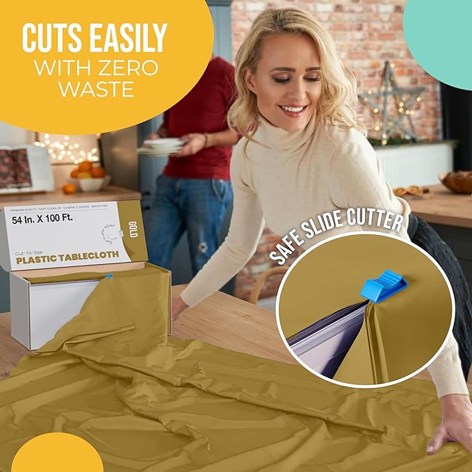 Exquisite Party Solids 54 Inch X 100 Feet Gold Plastic Table Cover Roll in A Cut - to - Size Box with Convenient Slide Cutter. Cuts Up to 12 Rectangle 8 Feet Plastic Disposable Tablecloths