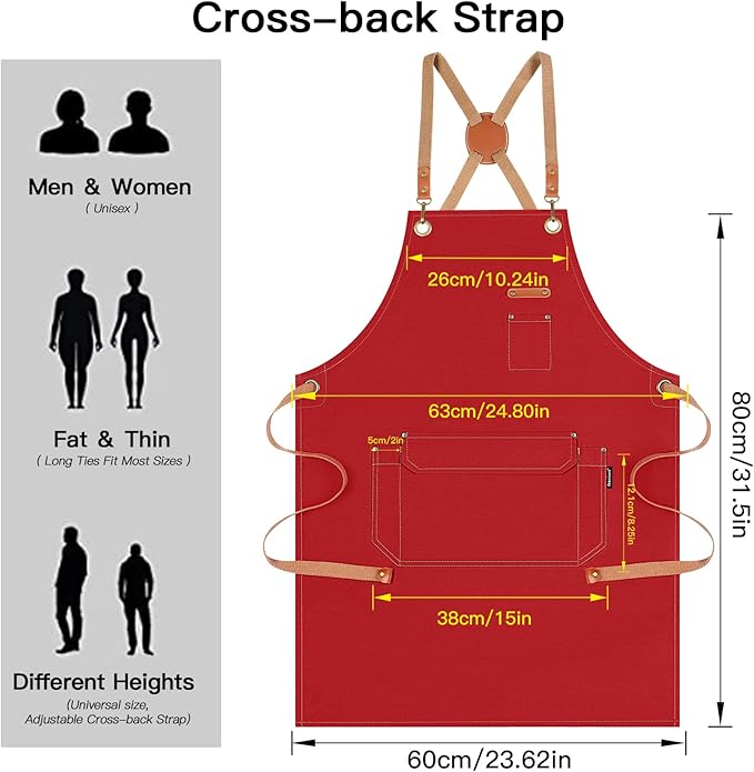 Genixart Chef Apron for Men Women with Gift Box Pack, Cross Back Apron with Pockets for Kitchen Cooking Baking Artist Painting, Cotton Canvas Work Aprons for Shop, Garden, Restaurant, Cafe (Red)