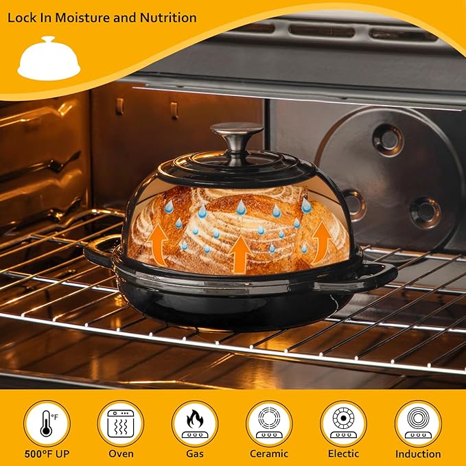 Velaze Enameled Cast Iron Dutch Oven for Bread Baking,5 QT Round Bread Oven Pot with Dome Lid for Sourdough, Roasting,Braising(Black)