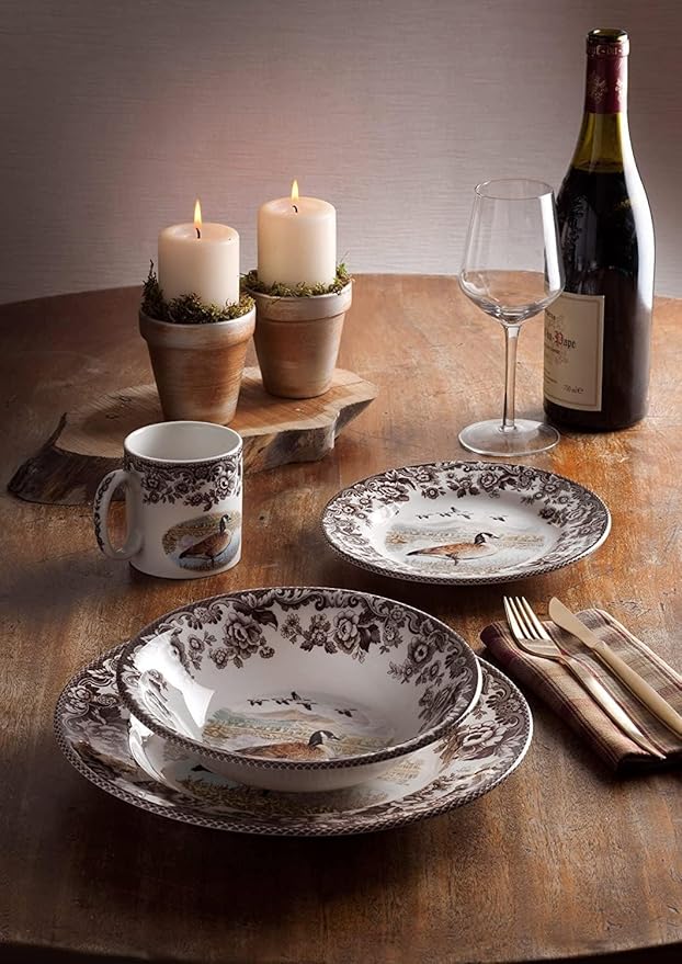 Spode Woodland Canadian Goose Salad Plate - 8" Fine Earthenware with British Flowers Border for Appetizers, Salads, Desserts - Microwave, Oven, Freezer, Dishwasher Safe, Made in England