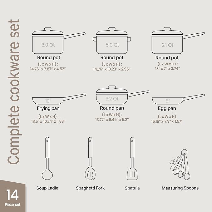Pots and Pans Set – 14 Piece – Non-Stick Professional Home Kitchenware – Cooking Pots with Lids – Skillet Fry Pans – Suitable for Gas, Electric, Ceramic and Induction Counter Cooktops - Golden